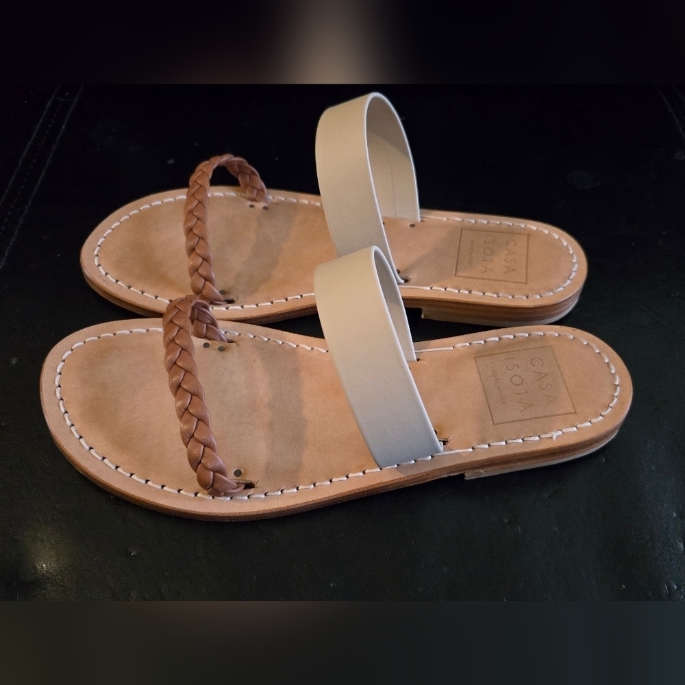 Casa Isota Capri Sandals Braided Italian Leather Sole White Brown Tan - Picture 5 of 8